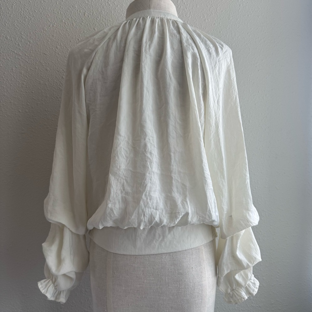 Gathered Long Sleeve Tie Neck Lace Trim Blouse - Picture 2 of 10